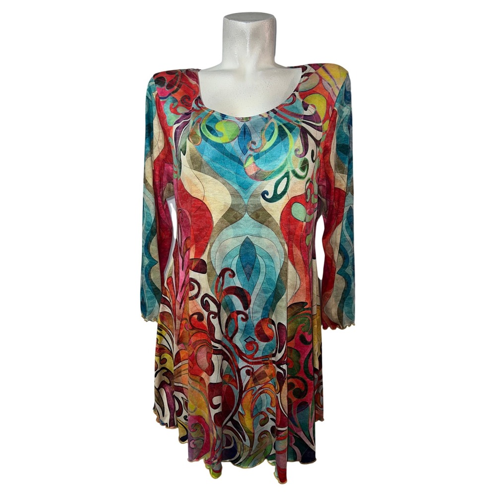 Amma Design XL Tunic Dress Multi Color Psychedelic Swirl Lettuce Edge Made in LA